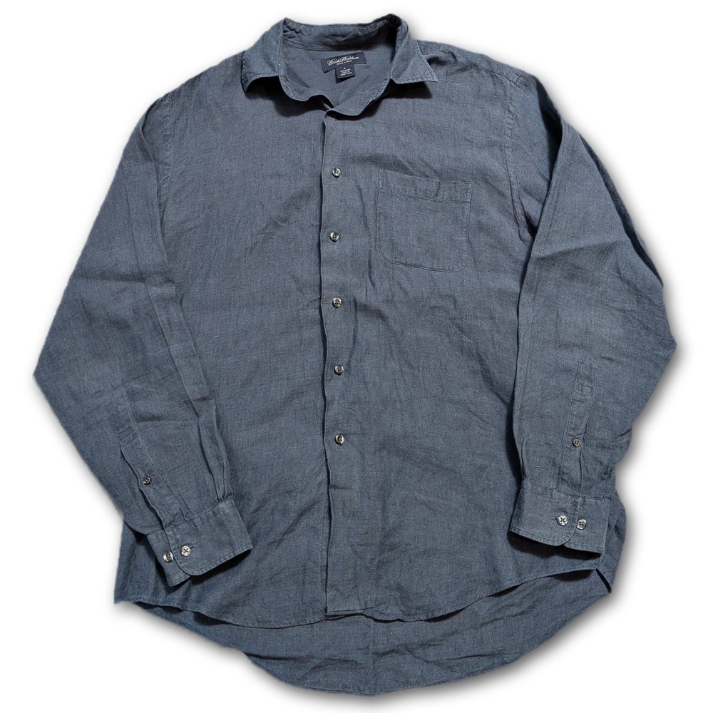 Brooks Brothers 100% Irish Linen Mens M Button-Down Shirt Blue Regular Casual